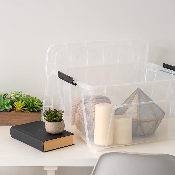 IRIS USA 32 QT Plastic Storage Box with Lid and Latches - 6 Pack - BPA-Free, See-Through Organizing Solution, Durable Nestable Stackable Containers, Secure Pull Handle - Clear
