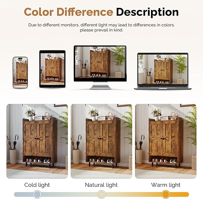 Farmhouse Shoe Cabinet with Doors, 6-Tier Wooden Shoe Organizer with Adjustable Shelves, Entryway Storage Cabinet, Rustic Shoe Storage for Entryway or Living Room (Rustic Brwon)
