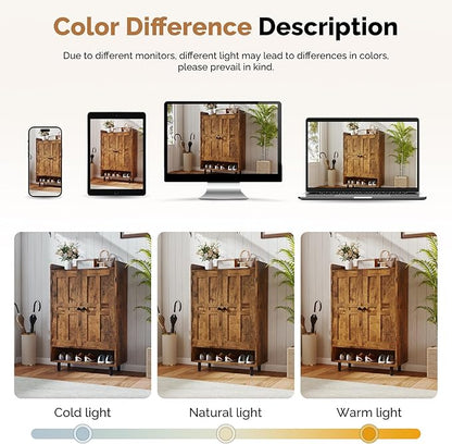 Farmhouse Shoe Cabinet with Doors, 6-Tier Wooden Shoe Organizer with Adjustable Shelves, Entryway Storage Cabinet, Rustic Shoe Storage for Entryway or Living Room (Rustic Brwon)