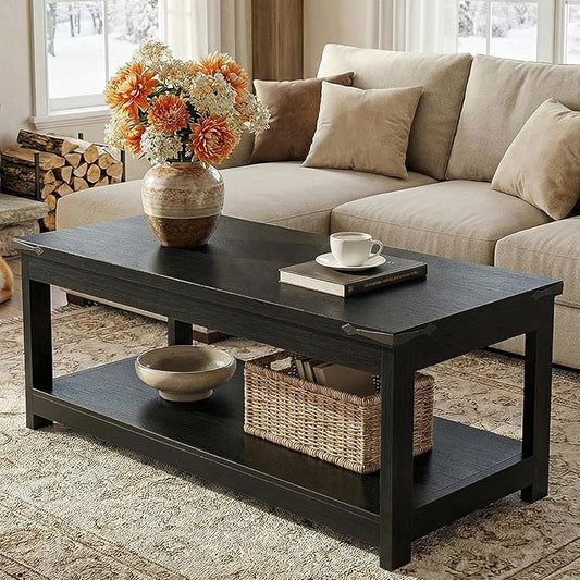 Homieasy 43.3” Rectangular Coffee Table with Storage Shelf, Farmhouse Wood Center Table for Living Room, Modern Black Tea Table with Open Shelf, Black