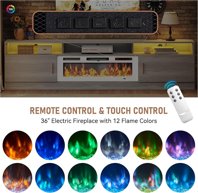 MXV 78" Fireplace TV Stand with Power Outlet for TVs UP to 90", Electric Fireplace Entertainment Center with LED Lights & Storage Cabinets, TV Console for Living Room, Office, Grey-White