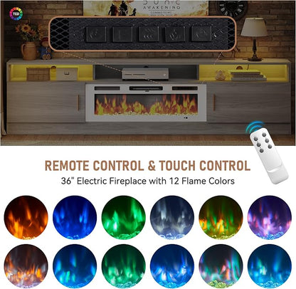 MXV 78" Fireplace TV Stand with Power Outlet for TVs UP to 90", Electric Fireplace Entertainment Center with LED Lights & Storage Cabinets, TV Console for Living Room, Office, Grey-White