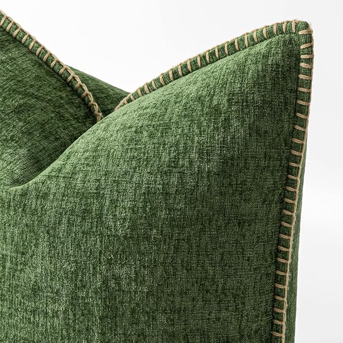 MIULEE Pack of 2 Couch Pillow Covers 18x18 Inch Moss Green Farmhouse Decorative Throw Pillow Covers with Stitched Edge Soft Chenille Solid Dyed Pillow Covers for Sofa Bed Living Room, Forest Green