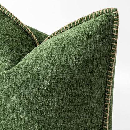 MIULEE Pack of 2 Couch Pillow Covers 18x18 Inch Moss Green Farmhouse Decorative Throw Pillow Covers with Stitched Edge Soft Chenille Solid Dyed Pillow Covers for Sofa Bed Living Room, Forest Green