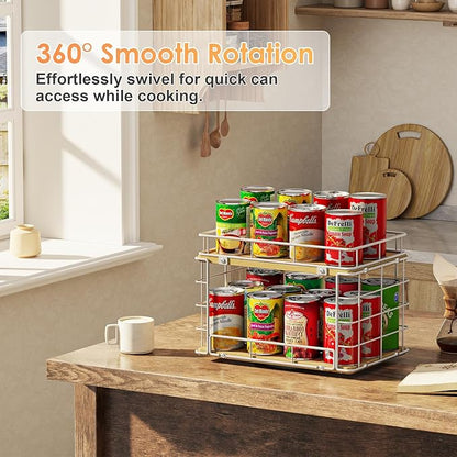 360° Lazy Susan Can Organizer, 2-Tier Rotating Metal Wire Wood Can Rack Holder, Kitchen Pantry Cabinet Countertop Turntable Storage Shelf, Hold 26 Soda Cans Food Beverage Cans Organizer, White
