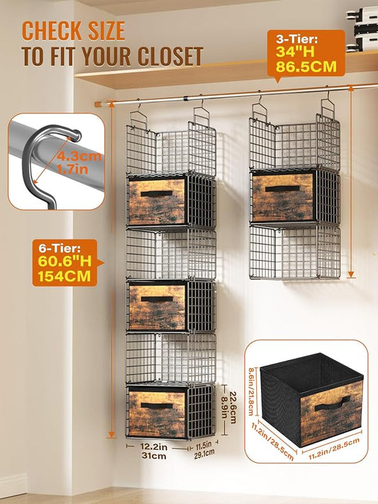 Closet Hanging Organizer with Drawers, 6 Tier Metal Closet Organizers and Storage with 4 Hanging Hooks 4 S-Hooks for Wardrobe Laundry Room, Wire Storage Shelf for Clothes Sweaters Pants (Black)