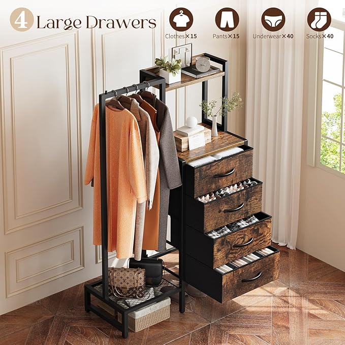 Yoobure Dresser with Hanging Rack - Small Closet with 4 Fabric Storage Drawers, 44"H Dresser with Clothes Rack, Chest of Drawer, Kids Dressers for Bedroom, Entryway, Living Room, Sturdy Frame, Rustic