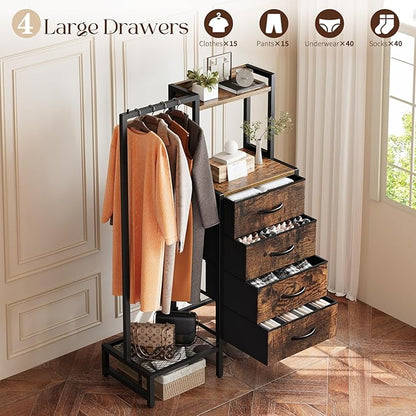 Yoobure Dresser with Hanging Rack - Small Closet with 4 Fabric Storage Drawers, 44"H Dresser with Clothes Rack, Chest of Drawer, Kids Dressers for Bedroom, Entryway, Living Room, Sturdy Frame, Rustic