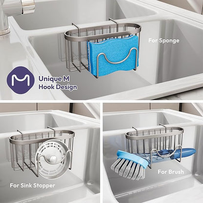 SWTYMIKI Sponge Holder for Kitchen Sink - Movable Kitchen Sink Caddy with M Shape Hook, Stainless Steel Hanging Sponge Caddy for Dish Sponge, Brush, Stopper Organizer in Double Sink, Sand Nickel