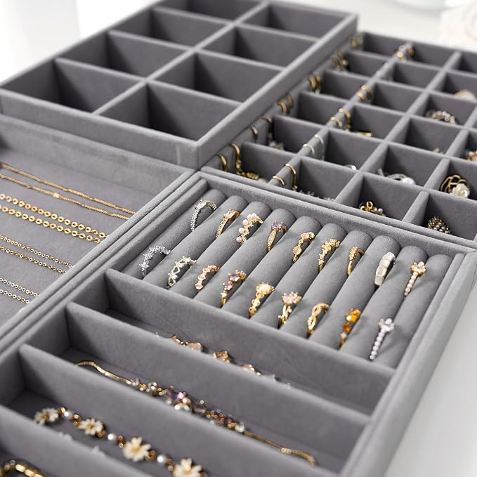 Velvet Jewelry Drawer Organizer Trays – Grey Stackable Jewelry Storage Inserts Set, 4-Layer Jewelry Tray Set for Earrings, Rings, Necklaces, Bracelets with Removable Dividers for Dresser & Vanity