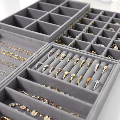 Velvet Jewelry Drawer Organizer Trays – Grey Stackable Jewelry Storage Inserts Set, 4-Layer Jewelry Tray Set for Earrings, Rings, Necklaces, Bracelets with Removable Dividers for Dresser & Vanity