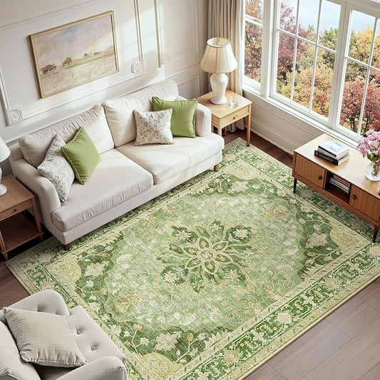 RELEANY Area Rugs 6'x9' Washable Non-Slip, Floral Vintage Distress Medallion Carpet for Living Room Bedroom Dining Room, Sage Green Yellow