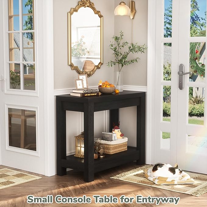 Farmhouse End Table, Narrow Side Table, Slim End Table with Storage Shelf, Small Console Table for Small Spaces, Nightstand Sofa Table for Living Room, Bedroom, 24" Embossed Wood Grain Black