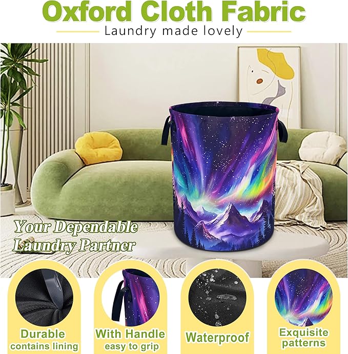 Aurora Mountains Laundry Basket Night Sky Forest Foldable Waterproof Oxford Cloth Funny Tote Bag Laundry Hamper Clothes Storage Bucket Toy Organizer For Bathroom/Laundry Storage/Bedroom 18.9x16.5 Inch
