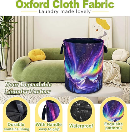 Aurora Mountains Laundry Basket Night Sky Forest Foldable Waterproof Oxford Cloth Funny Tote Bag Laundry Hamper Clothes Storage Bucket Toy Organizer For Bathroom/Laundry Storage/Bedroom 18.9x16.5 Inch