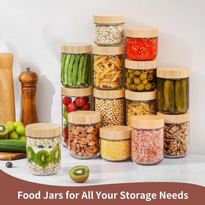 DRKIO 10 Oz Overnight Oats Containers with Bamboo Lids - 4 Pack Glass Storage Jars with Airtight Lids Wide Mouth Mason Food Jars Great for Meal Prep Salad Chia Pudding Snacks Yogurt Sugar Spice