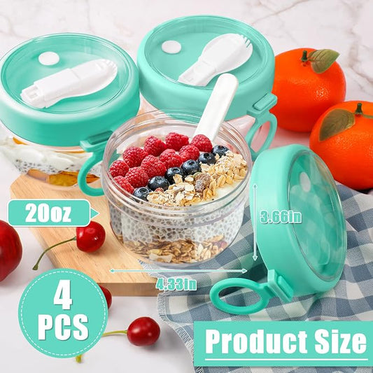 Gerrii 4 Pcs Overnight Oats Container with Lids and Spoons, 20 oz Plastic Overnight Oats Jars Large Capacity Airtight Yogurt Container for Milk, Fruit, Cereal and Salad Storage (Cyan)