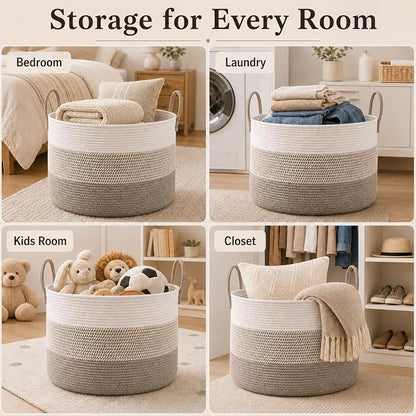 JMvicyroam 115L Extra Large Blanket Basket for Living Room - Woven Cotton Rope Laundry Hamper with Reinforced Handles - Storage Bin for Pillows, Comforters & Toys - Machine Washable,White&Brown Mix