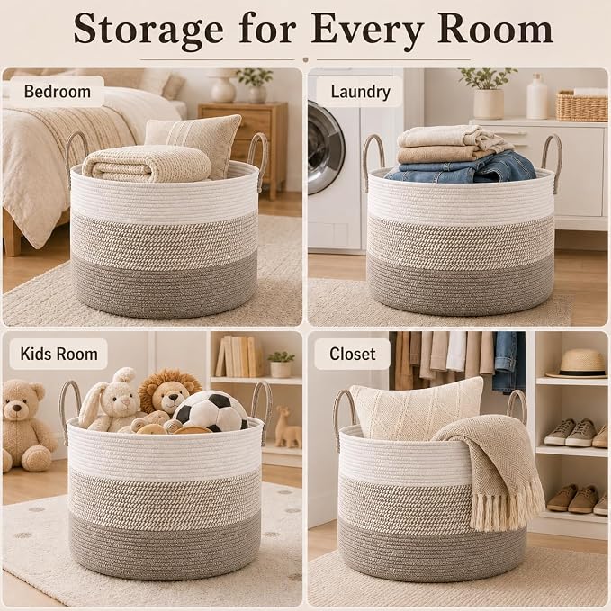 JMvicyroam 65L Extra Large Blanket Basket for Living Room - Woven Cotton Rope Laundry Hamper with Reinforced Handles - Storage Bin for Pillows, Comforters & Toys - Machine Washable,White&Brown Mix