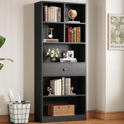 IRONCK Bookcase and Bookshelves, 70" Tall Bookshelf Floor Standing 6 Tiers Display Storage Shelves, Book Shelf with Drawers for Home Office, Living Room, Bedroom, Library, Black