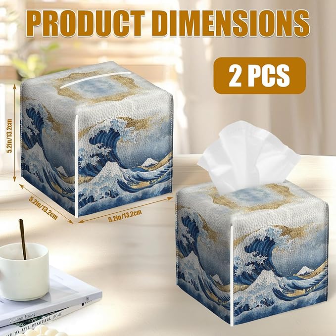 Art Great Wave Tissue Box Cover 2PCS, Leather Tissue Box Holder Square Facial Paper Case Tissue Box Cube Organizer for Bathroom Bedroom Desk Office