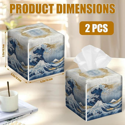Art Great Wave Tissue Box Cover 2PCS, Leather Tissue Box Holder Square Facial Paper Case Tissue Box Cube Organizer for Bathroom Bedroom Desk Office