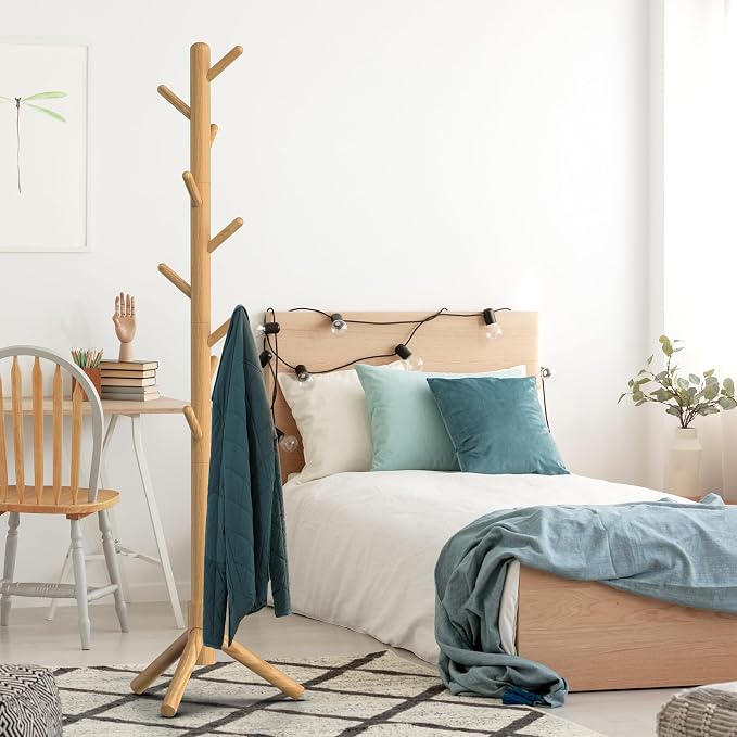 Simple Houseware Wooden Coat Rack Stand Garment Adjustable Tree Rack, 9 Hooks, Oak