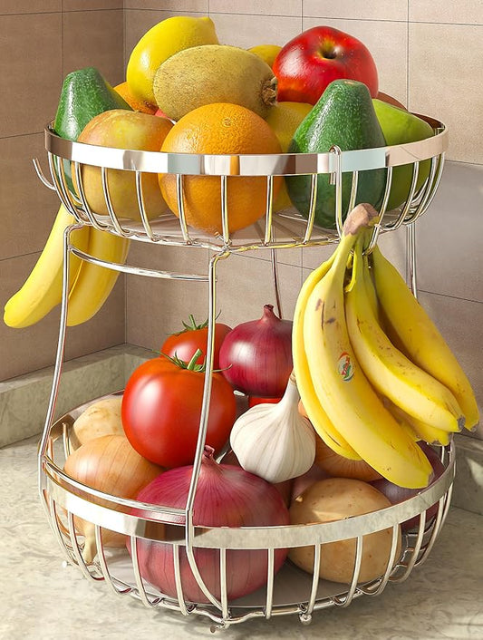 Sevenblue 2 Tier Fruit Basket for Kitchen Counter with 2 Banana Hangers, 2026 Pro Detachable Metal Fruit Bowl with Wooden Handle,Fruit Holder for Bread Snack Veggies, Silvery Extra Large