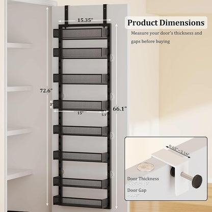 Over the Door Pantry Organizer, 8-Tier Over the Door Spice Rack with Adjustable Baskets, Wall-Mounted or Hanging Shelves for Kitchen, Laundry Room, Bathroom(Black, 15.35"W x 5.2"D x 72.6"H)