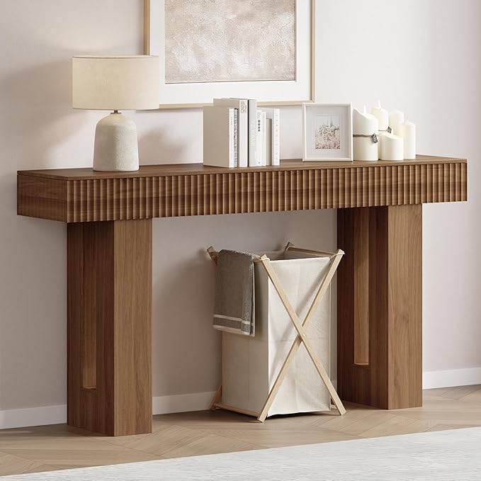 63-Inch Long Entryway Console Table with a Fluted Design, Thick Wood Farmhouse Sofa Table Behind Couch, Narrow Hallway Accent Table for Living Room, Foyer, Entrance,Modern Walnut