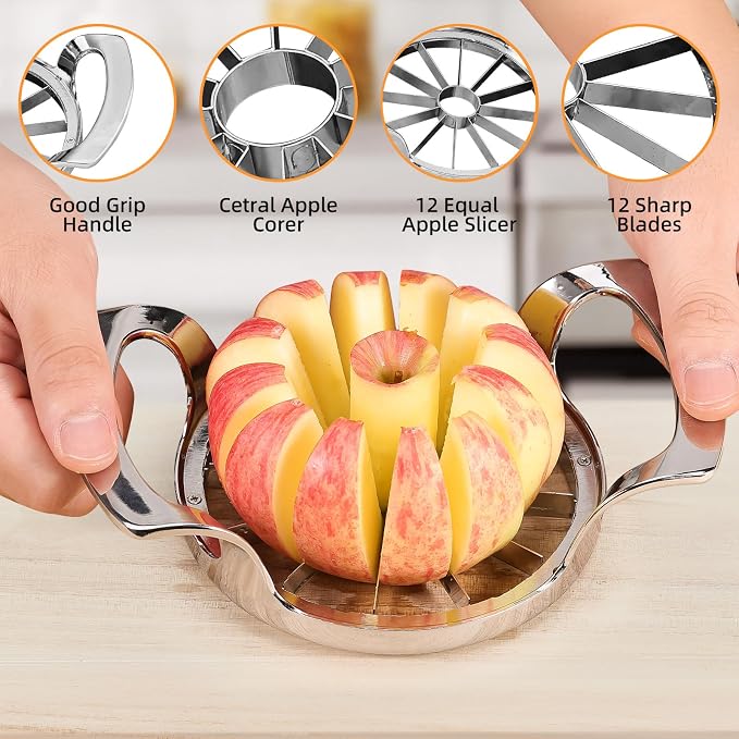 Apple Slicer with 12 Blades Extra Large Heavy Duty Stainless Steel Apple Corer, Dishwasher Safe Easy to Use Sharp Apple Slicer and Corer for Vegetables, Fruit and Pineapple