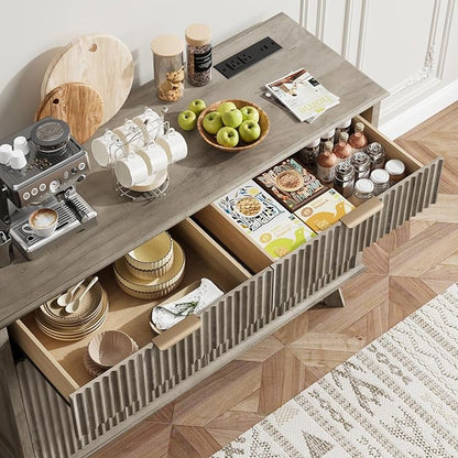 QUW Fluted Buffet Sideboard Cabinet with Storage, 47.2" Kitchen Cabinet with Drawers and Adjustable Shelves, Modern Coffee Bar with Charging Station, for Dining Room, Living Room, Grey