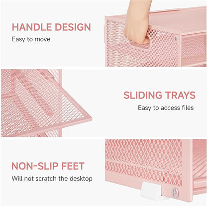 Lavatino 3-Tier Letter Tray Desk Organizer, Mesh Metal Paper File Tray Organizer for Desk, Office Supplies & Home Organization, Fits A4 Paper, Mail, Magazines & Office Accessories (Pink with Handle)