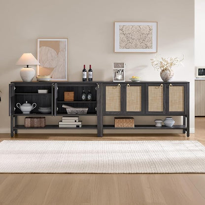 SICOTAS Rattan Sideboard Buffet Cabinet with Open Storage - Large Storage Cabinet with 4-Doors and Adjustable Shelves, Boho Credenza Coffee Bar Cabinets Buffet Table Console Table (1, Obsidian)