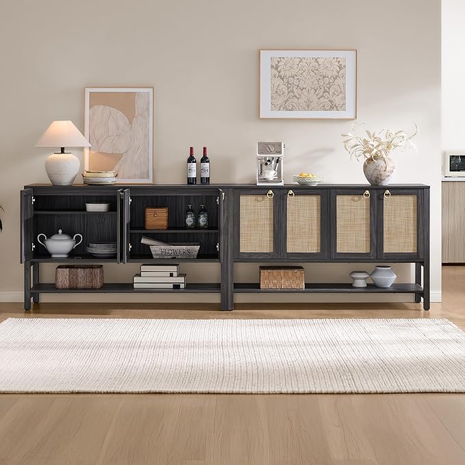 SICOTAS Rattan Sideboard Buffet Cabinet with Open Storage - Large Storage Cabinet with 4-Doors and Adjustable Shelves, Boho Credenza Coffee Bar Cabinets Buffet Table Console Table (2, Obsidian)