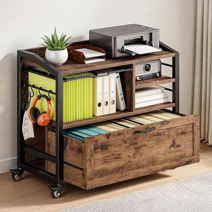 LVB Wood Lateral File Cabinet with Drawers, Rolling Filing Cabinet Under Desk for Home Office, Printer Stand with Storage Shelf,Hanging File Organizer for Legal/Letter Size, Rustic Oak, 33Inch