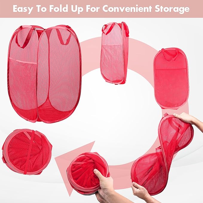 DUCOO Pop Up Laundry Hamper, 70L Collapsible Mesh Laundry Basket with Side Pocket, Foldable Dirty Clothes Hamper with Sturdy Reinforced Handles for Home Dorm Bedroom Travel Bathroom Storage, Red