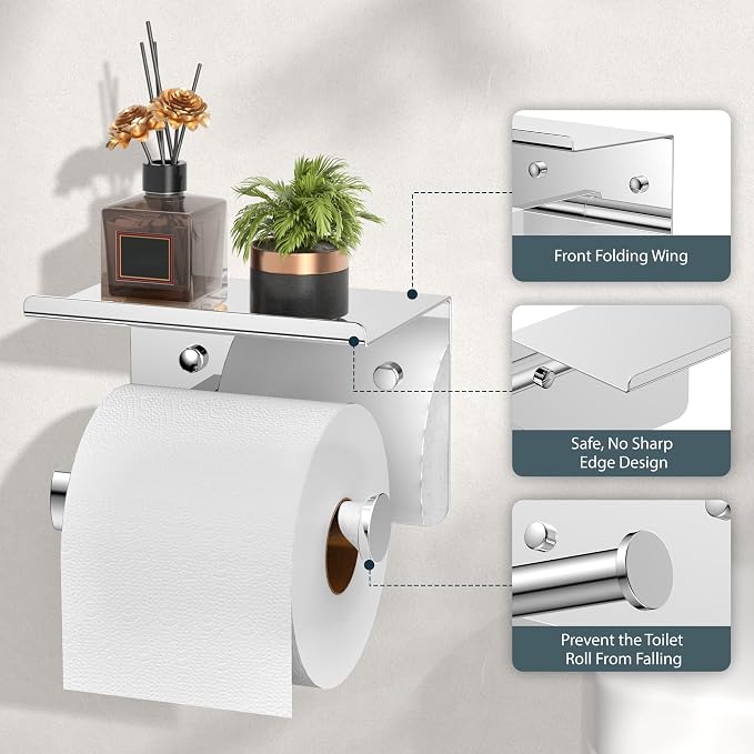 Toilet Paper Holder with Shelf, Adhesive or Screw Wall Mount Toilet Paper Roll Holder for Bathroom, Rustproof 304 Stainless Steel Toilet Roll Tissue Holder Dispenser with Phone Shelf (2, Chrome)