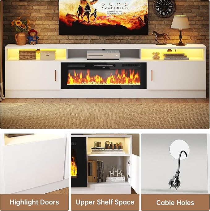 MXV 78" Fireplace TV Stand with Power Outlet for TVs UP to 90", Electric Fireplace Entertainment Center with LED Lights & Storage Cabinets, TV Console for Living Room, Office, White-Black