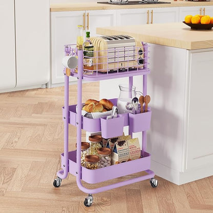 KINGRACK 3 Tier Rolling Cart, Metal Mobile Storage Shelf with Lockable Wheels, Prevent Falling Utility Trolley Cart, Storage Organizer for Kitchen, Office, Bathroom, Dorm, Purple