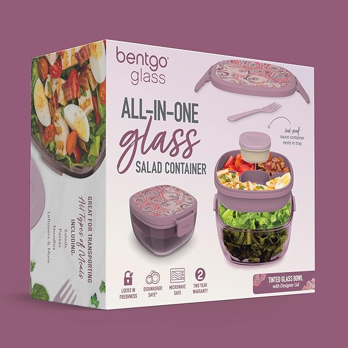 Bentgo Glass Prints Salad Container - 7.6-Cup Tinted Glass Salad Bowl with Airtight Lid, Leak-Proof Sauce Container, 4-Compartment Bento Meal Prep Tray & Reusable Fork (Floral Maximalist - Bouquet)
