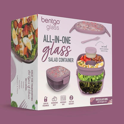 Bentgo Glass Prints Salad Container - 7.6-Cup Tinted Glass Salad Bowl with Airtight Lid, Leak-Proof Sauce Container, 4-Compartment Bento Meal Prep Tray & Reusable Fork (Floral Maximalist - Bouquet)