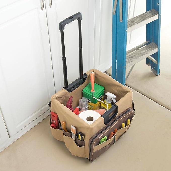 Mobile Folding Utility Cart with Canvas Storage Organizer Bag, Rolling Cart, Chocolate/Sand
