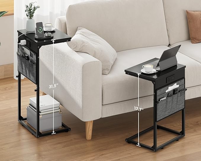 Vagusicc C-Shaped End Table Set of 2 with Charging Station, Small Side Table for Couch, Adjustable Height Couch Side Table, Slide Under Sofa Table TV Tray Tables for Living Room,Bedroom,Bedside, Black