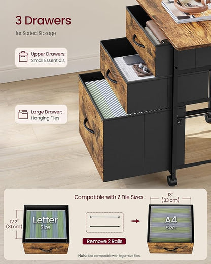 VASAGLE 3-Drawer File Cabinet, Mobile Printer Stand with Storage, Filing Cabinet for A4 Letter Size, Side Pockets, 23.6 x 15.7 x 26.8 Inch, Rustic Brown, Bellah Collection UOFC201KD01