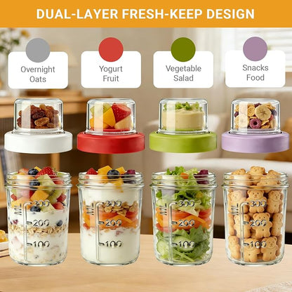 16+4 OZ Glass Mason Jars,Overnight Oats Containers with Lids and Spoon,Removable Independent Compartment,Large Capacity Airtight Jar for Milk,Fruit,Cereal,4 Pack(Purple/Green/White/Red)