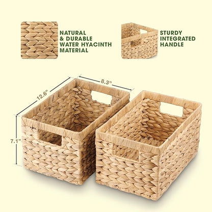 Water Hyacinth Storage Baskets Set of 2 - Medium Decorative Wicker Baskets for Organizing Shelves, Rectangular Woven Storage Bins with Handles for Pantry, Bathroom, Living Room 13"x9"x7"
