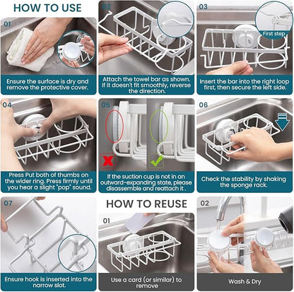 TAILI Sponge Holder with Strong Suction Cup, 4-in-1 Rustproof Sink Organizer - Sink Caddy Holds Sponges, Brushes, Stoppers & Scrapers -White