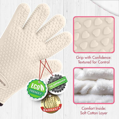 KITCHEN PERFECTION XL Silicone Smoker Oven Gloves for Women -Extreme Heat Resistant BBQ Gloves -Handle Hot Food Right on Your Grill Fryer&Pit|Waterproof Grilling Cooking Mitts|Superior Set+3 Bonuses