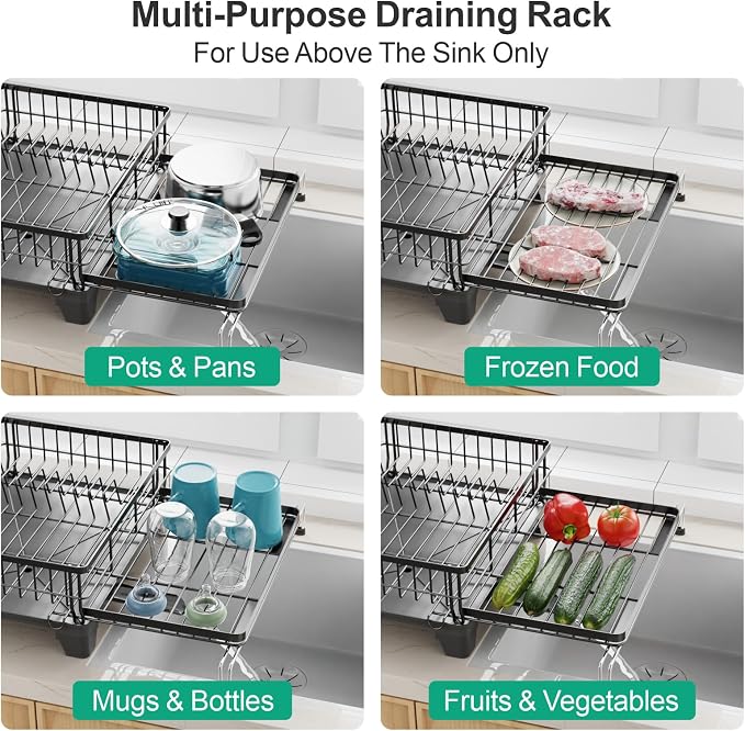 GSlife Expandable Dish Drying Rack for Kitchen Counter, Large Capacity 2-in-1 Rust Resistant Dish Drainer with Swivel Spout and Pull Out Over Sink Extension, 16.7" W x 12.6"-22.4" L, Black